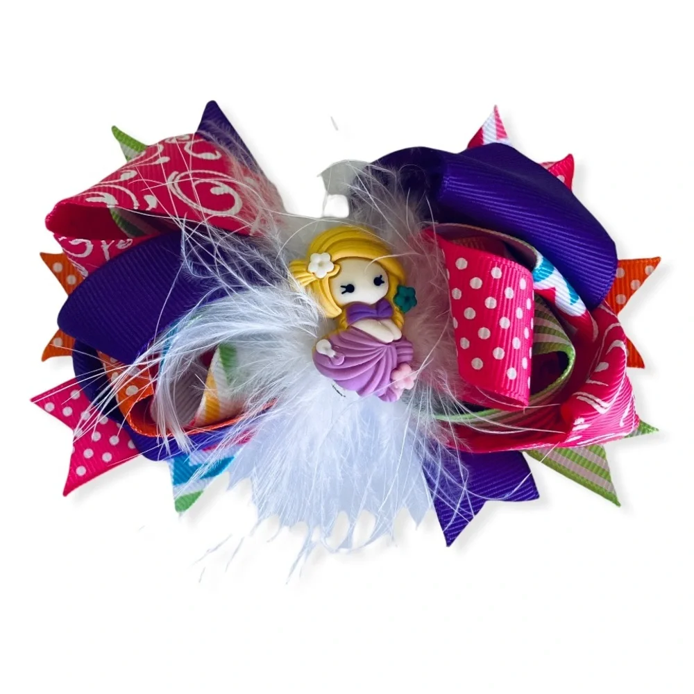 Rapunzel Princess Hair Bow for Girls and Toddler with Colored grosgrain Ribbons